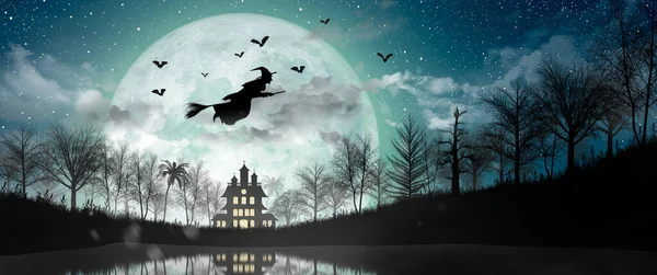 Silueta Halloween Bruja Volando Sobre Luna Llena Casa Embrujada Murciélagos — Foto de Stock