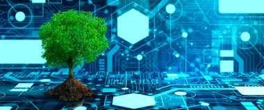 Bilgisayar devre kartının kesişme noktasında toprak büyüyen ağaç. Mavi ışık ve kablo şebekesi arka planı. Green Computing, Green Technology, Green IT, CSR ve IT etik kavramı.