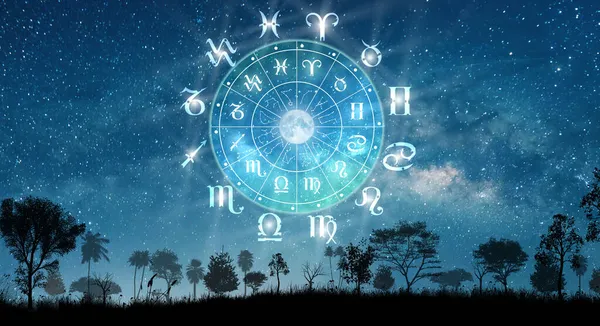 Astrologické Znamení Zvěrokruhu Uvnitř Kruhu Horoskopu Krajina Hvězdami Měsícem Nad — Stock fotografie