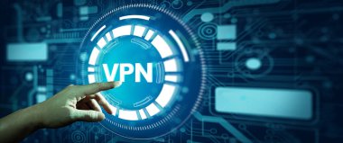 VPN ağ güvenliği internet gizlilik şifrelemesi ve Teknoloji Soyut Geçmişi ile iş eli. İş, Teknoloji, İnternet Ağı Kavramı.