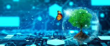 Bilgisayar devre kartının kesişme noktasında toprak büyüyen ağaç. Mavi ışık ve kablo şebekesi arka planı. Green Computing, Green Technology, Green IT, CSR ve IT etik kavramı.