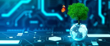 Kristal kürede büyüyen ağaç. Dijital Yakınsama ve Teknoloji Yakınsaması. Mavi ışık, ikili ve ağ arkaplanı. Green Computing, Green Technology, Green IT, CSR ve IT etik kavramı.