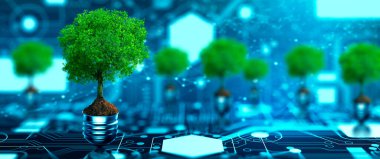 Ampulde toprak büyüyen ağaç. Dijital Yakınsama ve Teknoloji Yakınsaması. Mavi ışık ve şebeke arka planı. Green Computing, Green Technology, Green IT, CSR ve IT etik kavramı.
