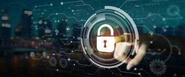Gece Şehri 'nin çifte korunması ve Siber Güvenlik Gizlilik Hologramı. İşadamı güvenlik duvarı ile bilgiyi ya da ağ korumasını işaret ediyor. Business Internet Teknoloji Konsepti.