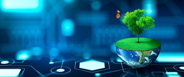 Yeşil otlar ve kelebeklerle dünyanın yarısında yetişen ağaç. Dijital ve Teknoloji Yakınsaması. Green Computing, Green Technology, Green IT, CSR ve IT etik kavramı. Görüntü NASA tarafından desteklenmektedir.