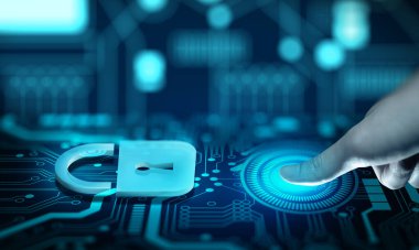 Parmak izi tanımlama veri koruma siber güvenlik gizliliği. Güvenlik duvarı olan bilgi ya da ağ koruması. Biyometrik Kavramlı İş İnternet Teknolojisi.