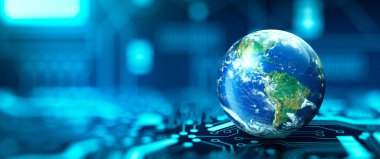 Global Sosyal Ağ ve İş Bağlantısı Konsepti. Devrenin kesişme noktasındaki dijital dünya. İnternetin ve teknolojinin geleceği. NASA tarafından döşenmiş elementler. 3B Hazırlama.