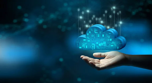 Biznesmen Trzyma Ręku Sieć Przechowywania Technologii Chmury Obliczeniowej Internecie Usługa — Zdjęcie stockowe
