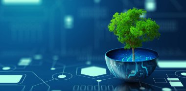 Dijital saksıda büyüyen ağaç. Eko Teknoloji ve Teknoloji Yakınsaması. Green Computing, Green Technology, Green IT, CSR ve IT etik kavramı.