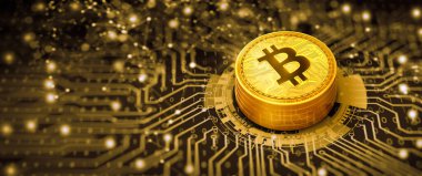 Devre kartında altın bitcoin var. Kripto Madencilik, Kripto Para Birimi ve Blokzinciri Teknolojisi. 3B illüstrasyon.