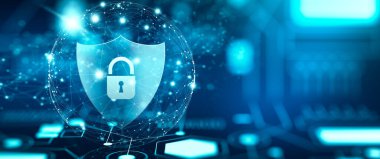 Circuit panosunda Padlock simgesi ve mavi arkaplan üzerinde ikili kod olan Ağ kablosu ile kalkan. Siber saldırı bloğu, Siber veriler ve Bilgi Gizliliği Konsepti. 3B Hazırlama.