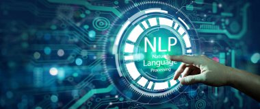 İş adamı eli NLP hologram ekranına ve teknoloji geçmişine dokunuyor. Doğal Dil İşleme Bilişsel Bilgisayar Teknolojisi Konsepti.