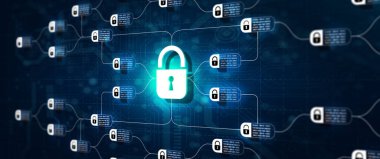 Zincir diyagramı olan engelleme teknolojisi ve soyut arka planda şifrelenmiş bloklar. Dağıtılmış Ledger teknolojisi ve iş stratejisi olarak dijital katman etkisi. Zincir ağı kavramını engelle. 3B Hazırlama.