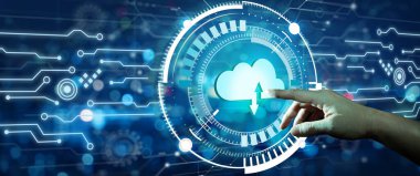 İş adamı, Cloud bilgisayar teknolojisi internet depolama ağına elle tıkladı. Mavi teknoloji geçmişi. Bulut teknolojisi ve Bulut depolama kavramı.