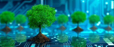 Bilgisayar devre kartının kesişme noktasında toprak büyüyen ağaç. Mavi ışık ve kablo şebekesi arka planı. Green Computing, Green Technology, Green IT, CSR ve IT etik kavramı.