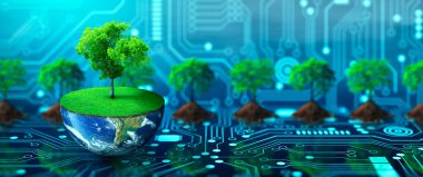 Yeşil otlar ve kelebeklerle dünyanın yarısında yetişen ağaç. Dijital ve Teknoloji Yakınsaması. Green Computing, Green Technology, Green IT, CSR ve IT etik kavramı. Görüntü NASA tarafından desteklenmektedir.