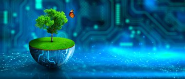 Dijital saksıda büyüyen ağaç. Eko Teknoloji ve Teknoloji Yakınsaması. Green Computing, Green Technology, Green IT, CSR ve IT etik kavramı.