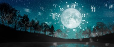 Yıldız falı çemberinin içinde astrolojik burç işaretleri var. Zodyak çarkının üzerinde yıldızlar ve ay manzarası ve samanyolu arka planı. Evrenin gücü kavramı.