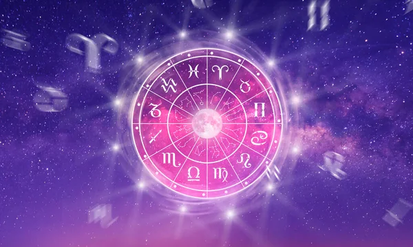 Astrological zodiac signs inside of horoscope circle. Astrology, knowledge of stars in the sky over the milky way and moon. The power of the universe concept.