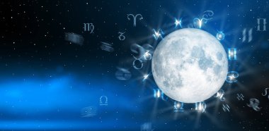 Yıldız falı çemberinin içinde astrolojik burç işaretleri var. Astroloji, gökyüzündeki yıldızların bilgisi Samanyolu ve ay üzerinde. Evrenin gücü kavramı.