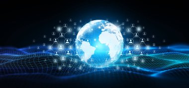 Global Network Communication with People network community around the world on abstract technology background. Global connected of digital world data technology Concept. 3D rendering.