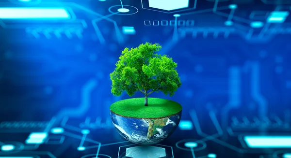 抽象的な背景を持つ地球と緑の草の半分に木 テクノロジー融合 環境技術 グリーンコンピューティング グリーンテクノロジー It倫理とCsrコンセプト 画像提供 Nasa — ストック写真