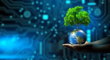 Teknolojik yakınsama mavi arka planına sahip bir adam Dünya 'da Ağaç' ı tutuyor. Yeşil bilgisayar, CSR, IT etik, doğa teknolojisi etkileşimi ve çevre dostu. NASA tarafından döşenmiş elementler.