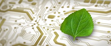 Bilgisayar devre kartının birleşme noktasında yeşil yaprak var. Dijital Yakınsama ve Teknolojik Yakınsama ile Doğa. Green Computing, Green Technology, Green IT, CSR ve IT etik kavramı.