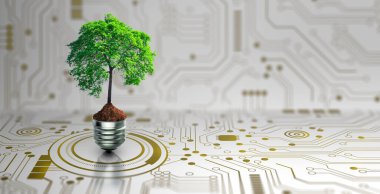 Ampulde toprak büyüyen ağaç. Dijital Yakınsama ve Teknoloji Yakınsaması. Mavi ışık ve şebeke arka planı. Green Computing, Green Technology, Green IT, CSR ve IT etik kavramı.