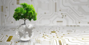Kristal kürede büyüyen ağaç. Dijital Yakınsama ve Teknoloji Yakınsaması. Mavi ışık, ikili ve ağ arkaplanı. Green Computing, Green Technology, Green IT, CSR ve IT etik kavramı.