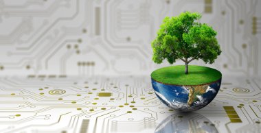 Yeşil otlar ve kelebeklerle dünyanın yarısında yetişen ağaç. Dijital ve Teknoloji Yakınsaması. Green Computing, Green Technology, Green IT, CSR ve IT etik kavramı. Görüntü NASA tarafından desteklenmektedir.