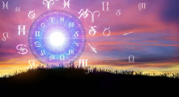 Αστρολογικά Ζώδια Μέσα Στον Κύκλο Του Ωροσκοπίου Ήλιος Πάνω Από — Φωτογραφία Αρχείου