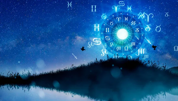 Asztrológiai Zodiákus Jelek Horoszkóp Körön Belül Csillagok Hold Felett Állatöv — Stock Fotó
