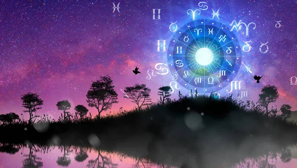 Yıldız Falı Çemberinin Içinde Astrolojik Burç Işaretleri Var Zodyak Çarkında — Stok fotoğraf