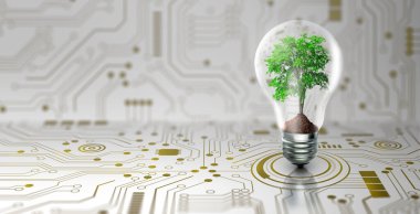 Ampulde toprak büyüyen ağaç. Dijital Yakınsama ve Teknoloji Yakınsaması. Mavi ışık ve şebeke arka planı. Green Computing, Green Technology, Green IT, CSR ve IT etik kavramı.