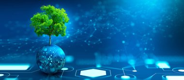 Circuit dijital topunda büyüyen ağaç. Dijital Yakınsama ve Teknoloji Yakınsaması. Mavi ışık ve kablo çerçeve ağı arka planı. Green Computing, Green Technology, Green IT, CSR ve IT etik kavramı.