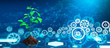 Çarklı toprakta yeşil bitki filizleniyor. Mavi ışık ve Teknoloji arka planı. Biyoteknoloji, Biyoloji, Ekoloji ve Modern Teknoloji Konsepti.