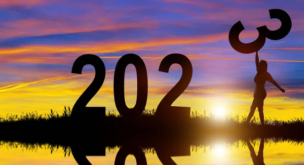 Silhouette Women Holding Number Hill While Celebrating 2023 Years Sunrise —  Fotos de Stock