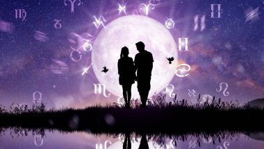 Yıldız falı çemberinin içinde astrolojik burç işaretleri var. Zodyak tekeri ve samanyolu arka planında dans edip şarkı söyleyen çift. Evrenin gücü kavramı.