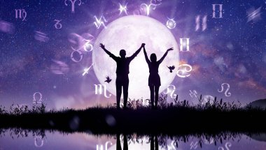 Astrological zodiac signs inside of horoscope circle. Couple singing and dancing over the zodiac wheel and milky way background. The power of the universe concep
