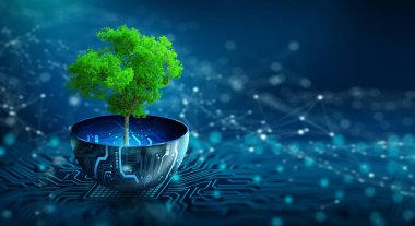 Dijital saksıda büyüyen ağaç. Eko Teknoloji ve Teknoloji Yakınsaması. Green Computing, Green Technology, Green IT, CSR ve IT etik kavramı.