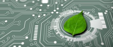 Bilgisayar devre kartının birleşme noktasında yeşil yaprak var. Dijital Yakınsama ve Teknolojik Yakınsama ile Doğa. Green Computing, Green Technology, Green IT, CSR ve IT etik kavramı.