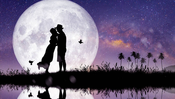 Silhouette at night landscape of couple or lover dancing and singing on the mountain with Milky way background over the full moon.