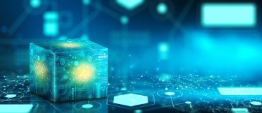Cube technology on Converging point of circuit with Abstract blue background. Blockchain Network System. Big data storage processing, Cloud data, Internet Security, and Digital Technology. 3D render.