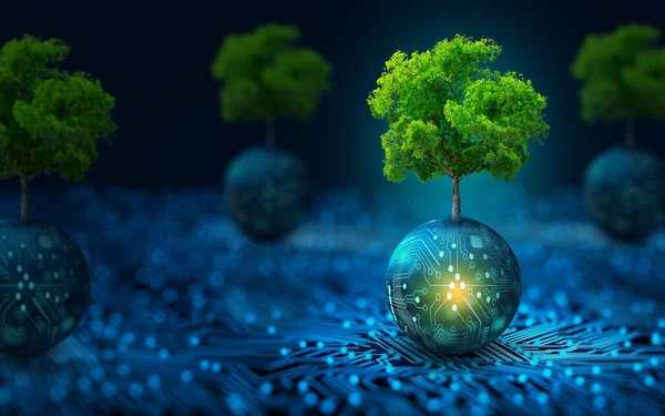 Tree growing on Circuit digital ball. Digital and Technology Convergence. Blue light and Wireframe network background. Green Computing, Green Technology, Green IT, csr, and IT ethics Concept.