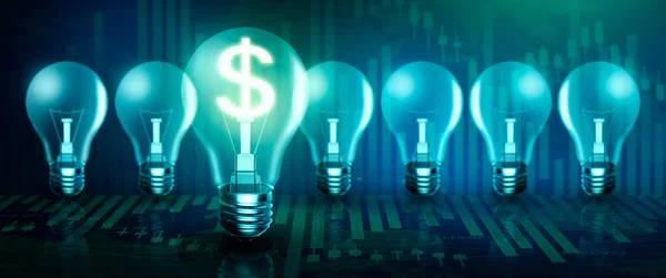 Illuminated light bulb in a row. One different Glowing with dollar sign inside on stock market graph background. Money making idea and Growth of dollar exchange rate Concept. 3D Render