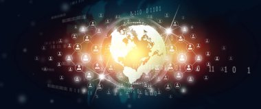 Dünya işi, İnsanlar ve Ağ bağlantısı kavramı. İnsanları dünyanın yörüngesine bağlayan küresel bağlantı. Kod programlama, dijital ikili sistem ve Dünya haritası arka planı. 3B illüstrasyon.