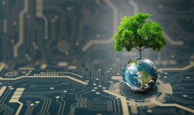 Dünya 'da büyüyen ağaç. Teknoloji Arkaplanı ile Dijital ve Teknolojik Yakınsama. Green Computing, Green Technology, Green IT, CSR ve IT etik kavramı. NASA tarafından döşenmiş elementler.