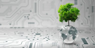 Kristal kürede büyüyen ağaç. Dijital Yakınsama ve Teknoloji Yakınsaması. Mavi ışık, ikili ve ağ arkaplanı. Green Computing, Green Technology, Green IT, CSR ve IT etik kavramı.