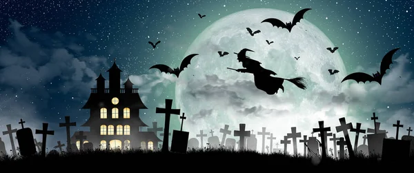 Halloween Silueta Bruja Volando Sobre Luna Llena Cementerio Casa Embrujada —  Fotos de Stock